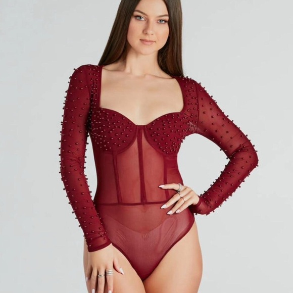 Burgundy Faux Pearl Corset Bodysuit by Windsor - Picture 3 of 7
